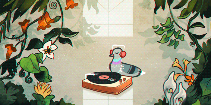 Animated bird listening to vinyl