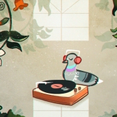Animated bird listening to vinyl